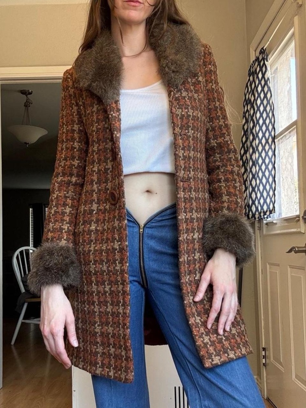 Frenchi Rust & Brown Houndstooth Faux Fur-Trim Pea Coat